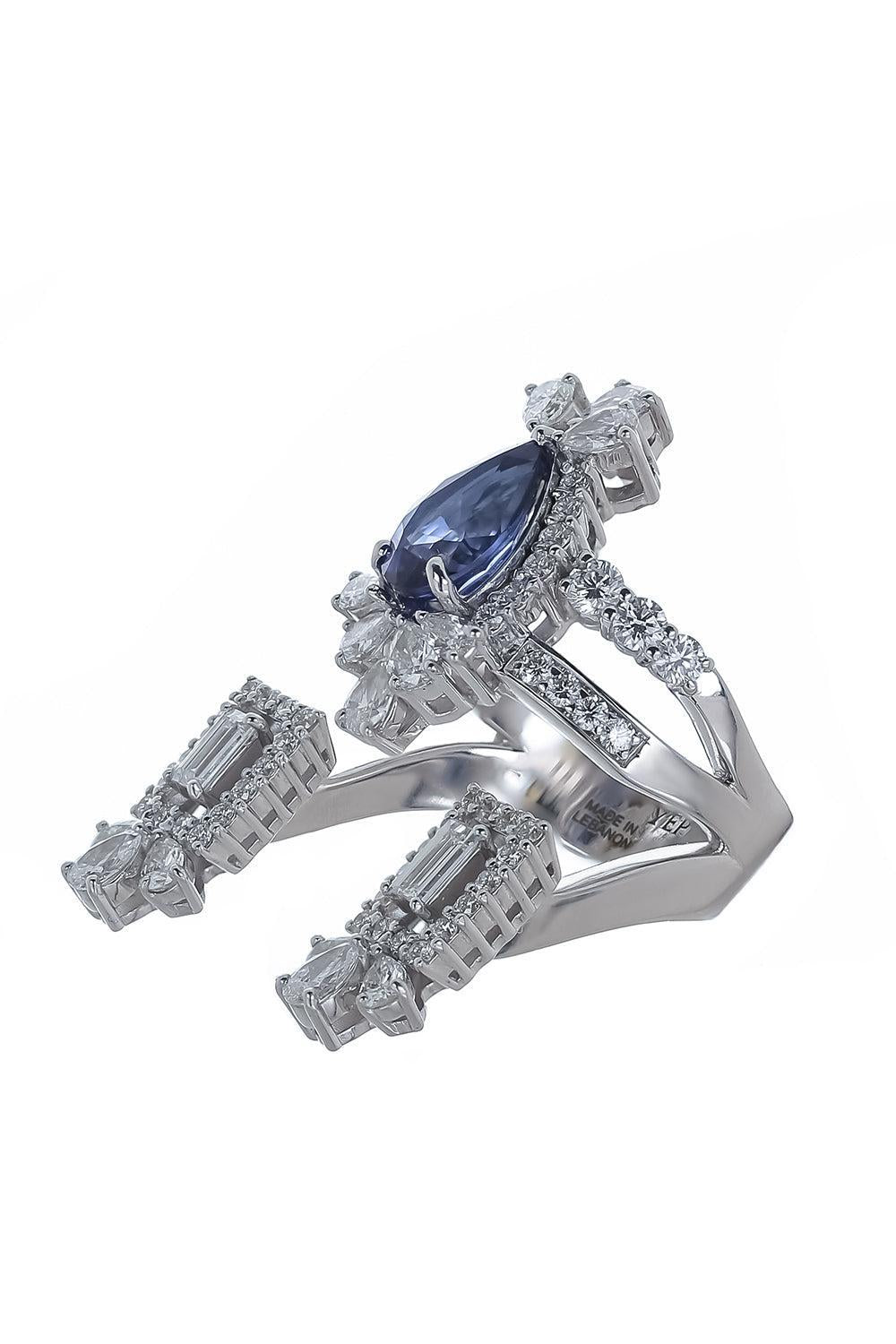 Blue Sapphire Diamond Statement Ring-WHITE GOLD-5.75-JEWELRYFINE JEWELRING-YEPREM JEWELLERY