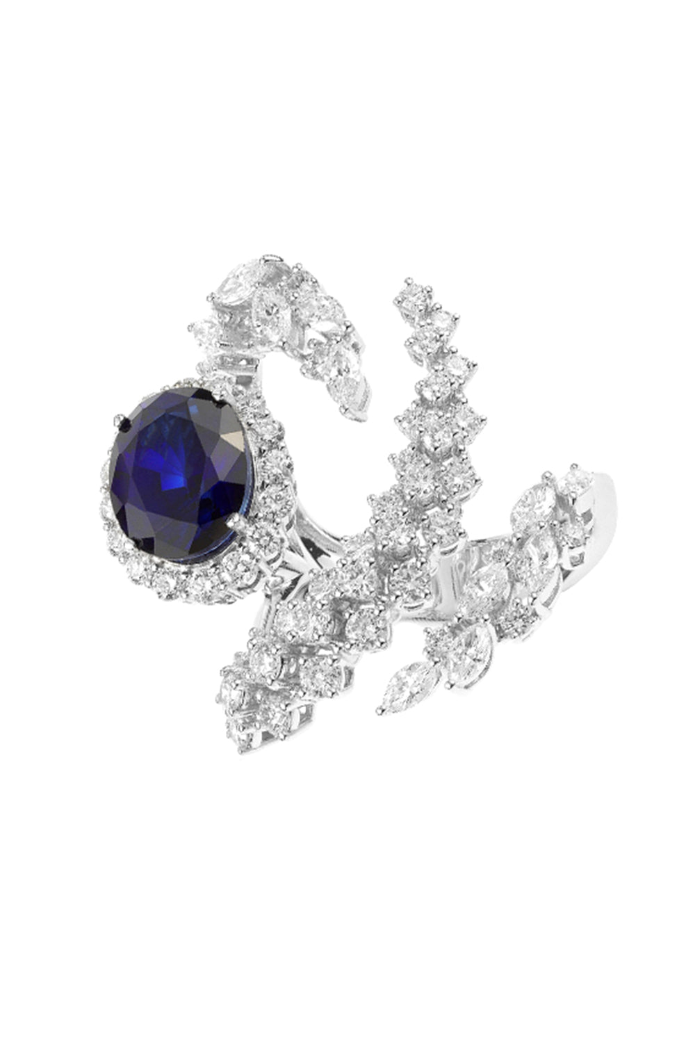 Blue Sapphire Diamond Three Curved Golden Strada Ring-WHITE GOLD-5.75-JEWELRYFINE JEWELRING-YEPREM JEWELLERY