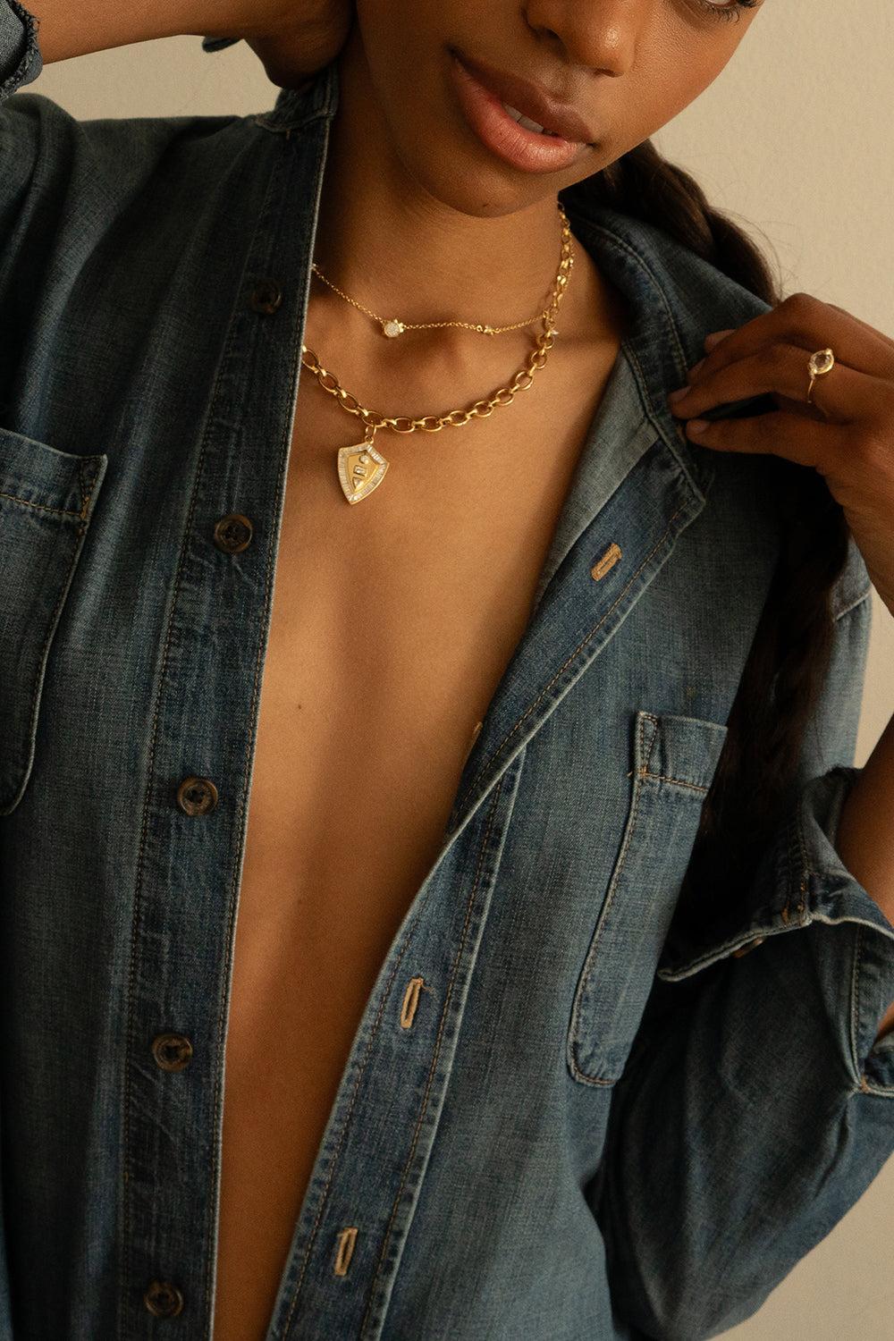 Diamond "Fearless" Shield Pendant-YELLOW GOLD-JEWELRYFINE JEWELPENDANT-MONICA RICH KOSANN