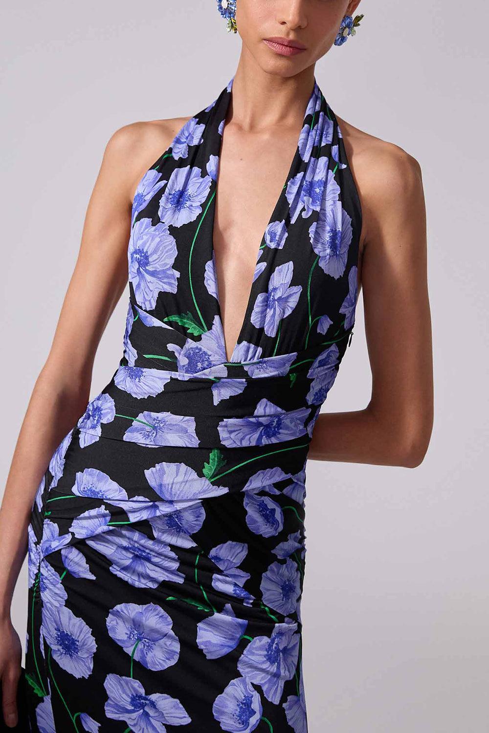 Halter Neck Gathered Dress-BLKMULTI-XS-CLOTHINGDRESSCOCKTAIL-CAROLINA HERRERA