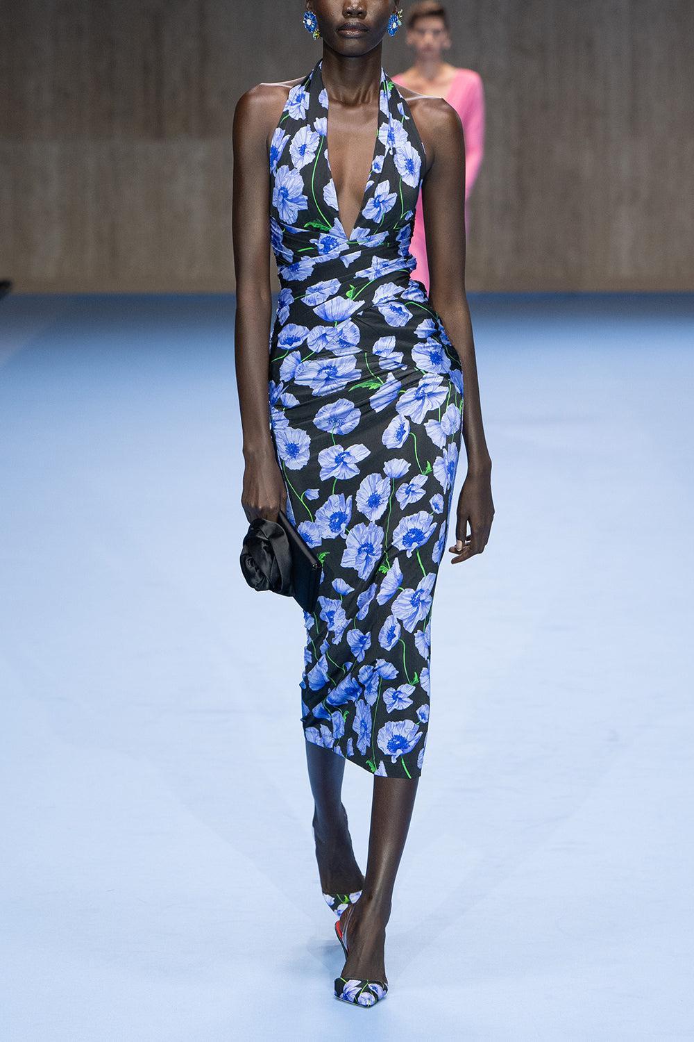 Halter Neck Gathered Dress-BLKMULTI-XS-CLOTHINGDRESSCOCKTAIL-CAROLINA HERRERA
