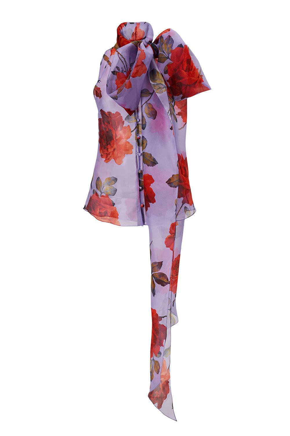 Sleeveless Button Front Bow Top-MULTI-2-CLOTHINGDRESSCASUAL-CAROLINA HERRERA