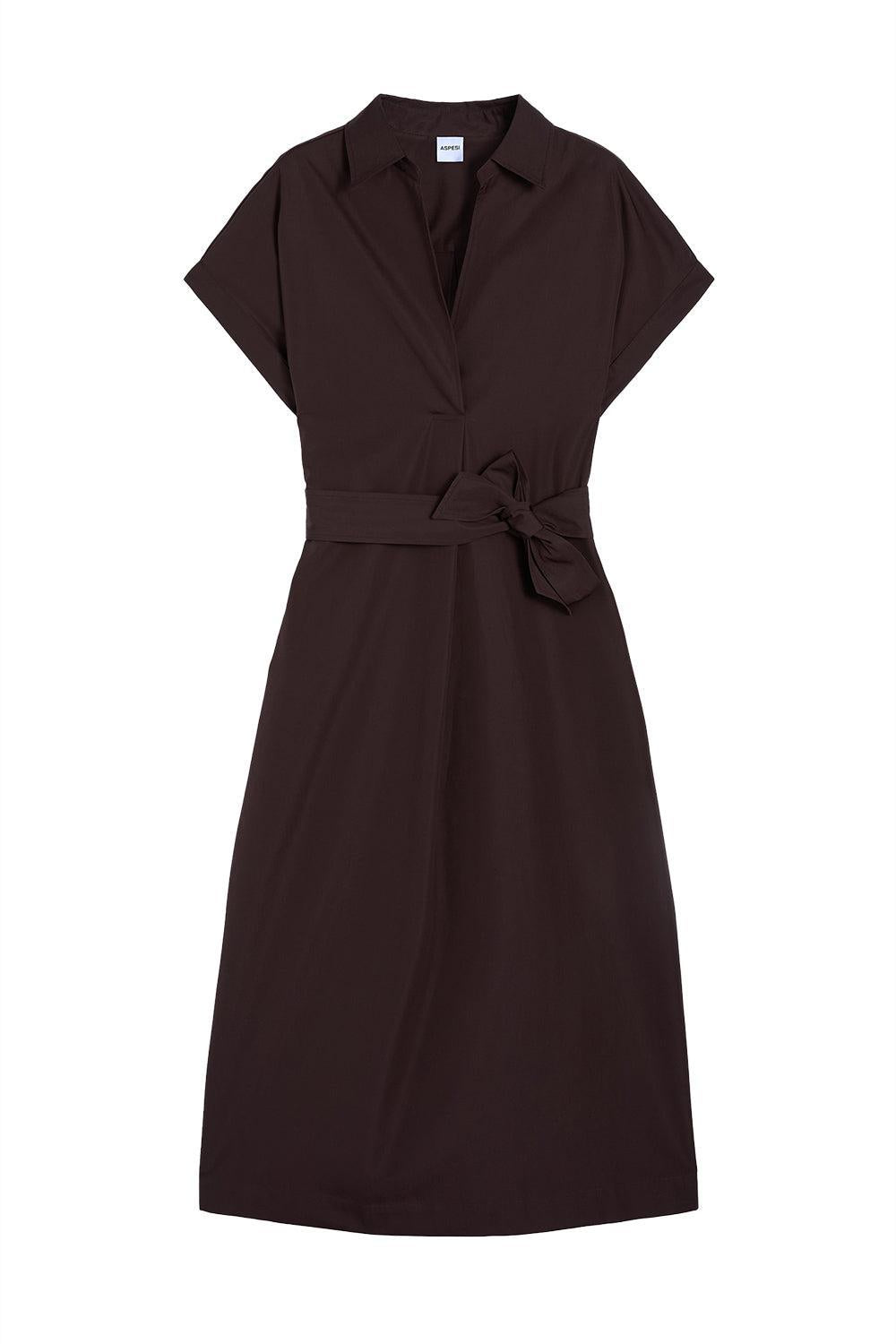 Short Sleeve Belted Midi Dress-BROWN-36-CLOTHINGDRESSCASUAL-ASPESI