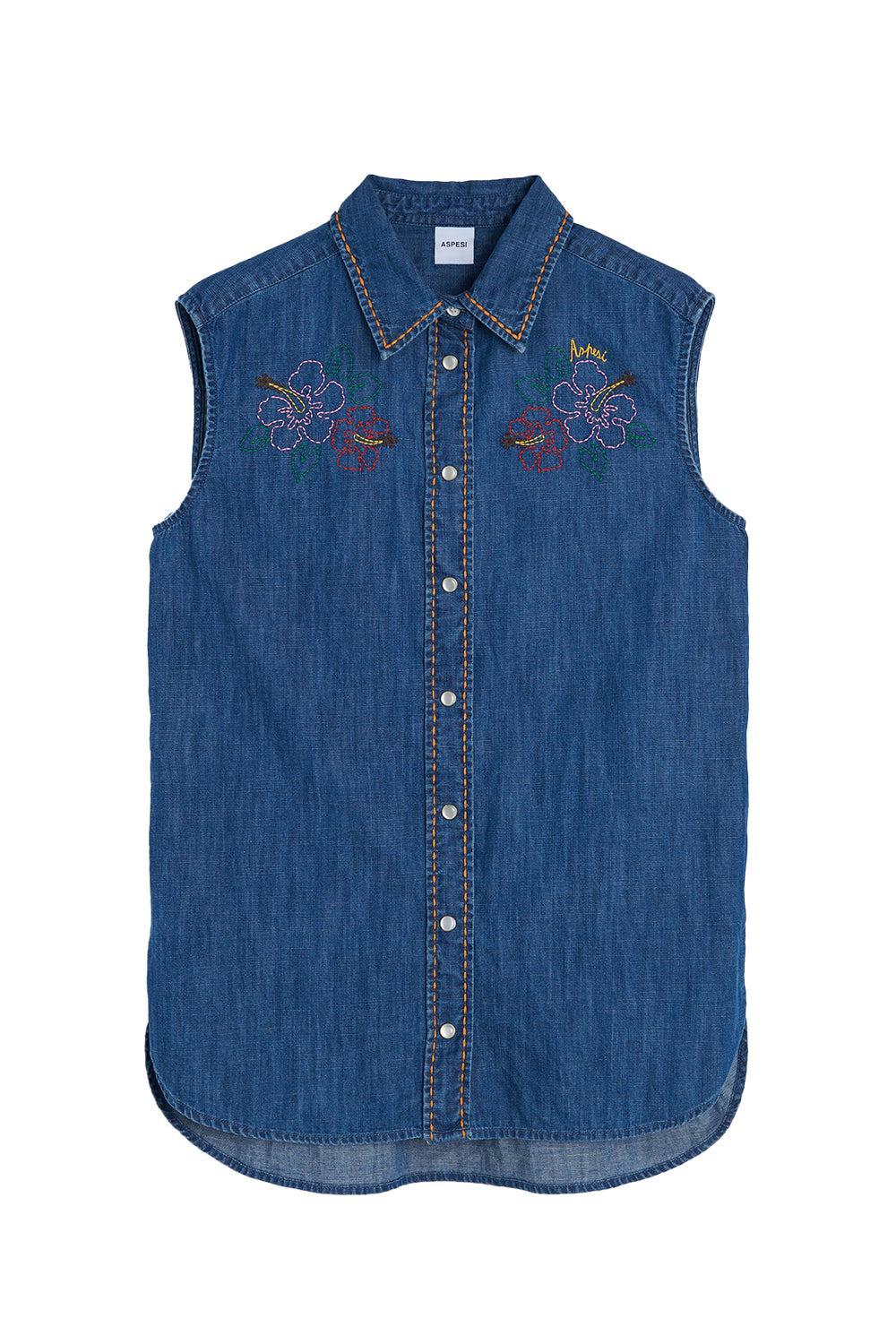 Sleeveless Embroidered Top-DENIM-38-CLOTHINGTOPBLOUSE-ASPESI