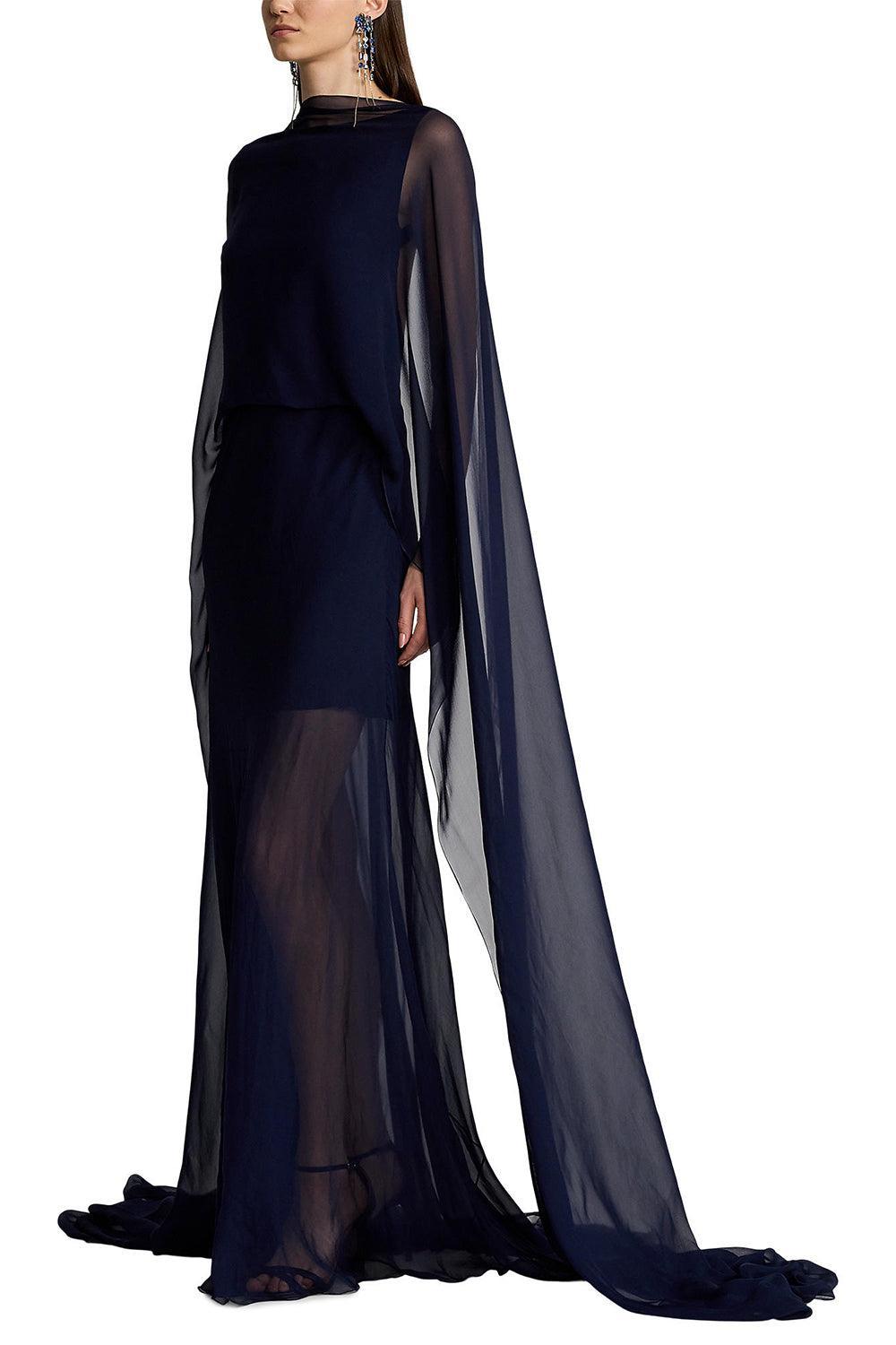 Dylon Washed Chiffon Evening Dress-LUX NAVY-2-CLOTHINGDRESSGOWN-RALPH LAUREN