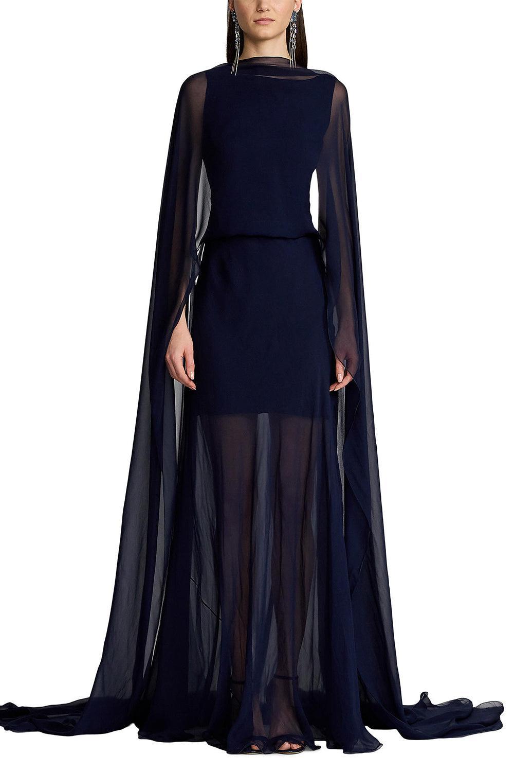 Dylon Washed Chiffon Evening Dress-LUX NAVY-2-CLOTHINGDRESSGOWN-RALPH LAUREN