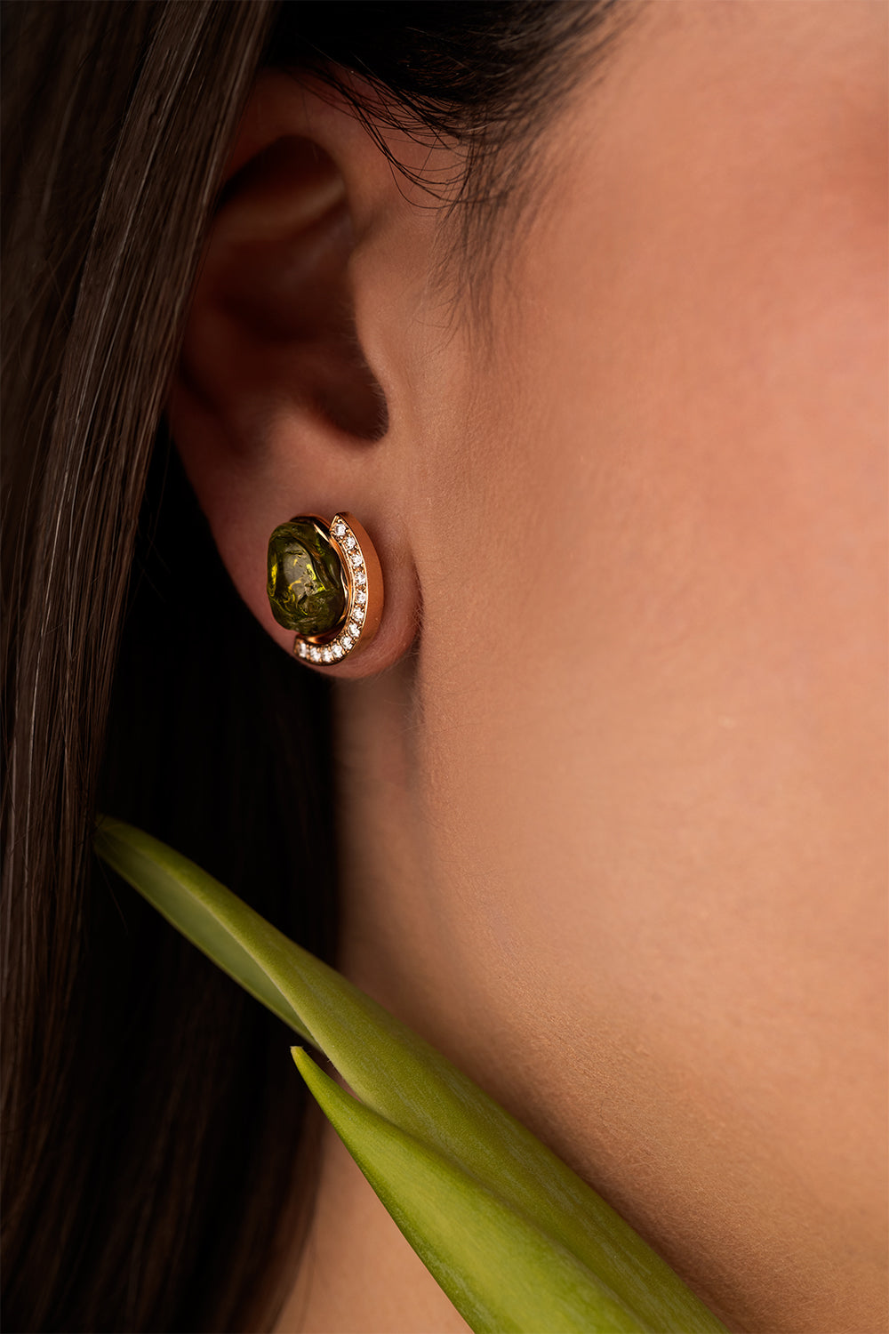Diamond Peridot Stud Earring