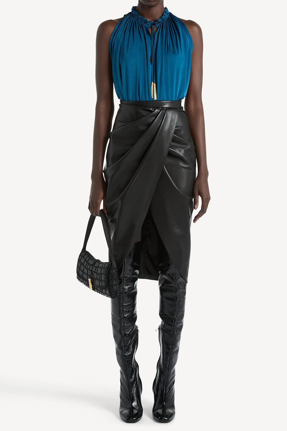 Halterneck Pleated Top-BLUE-36-CLOTHINGTOPBLOUSE-BALMAIN