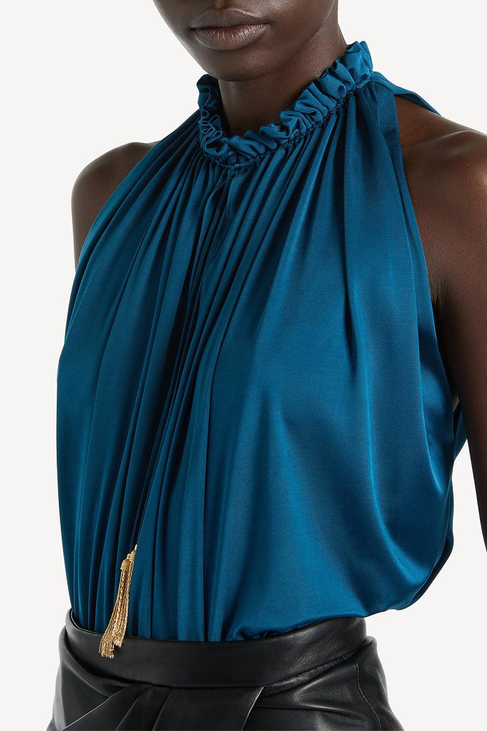 Halterneck Pleated Top-BLUE-36-CLOTHINGTOPBLOUSE-BALMAIN