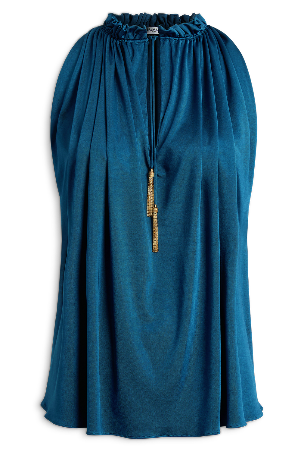 Halterneck Pleated Top-BLUE-36-CLOTHINGTOPBLOUSE-BALMAIN