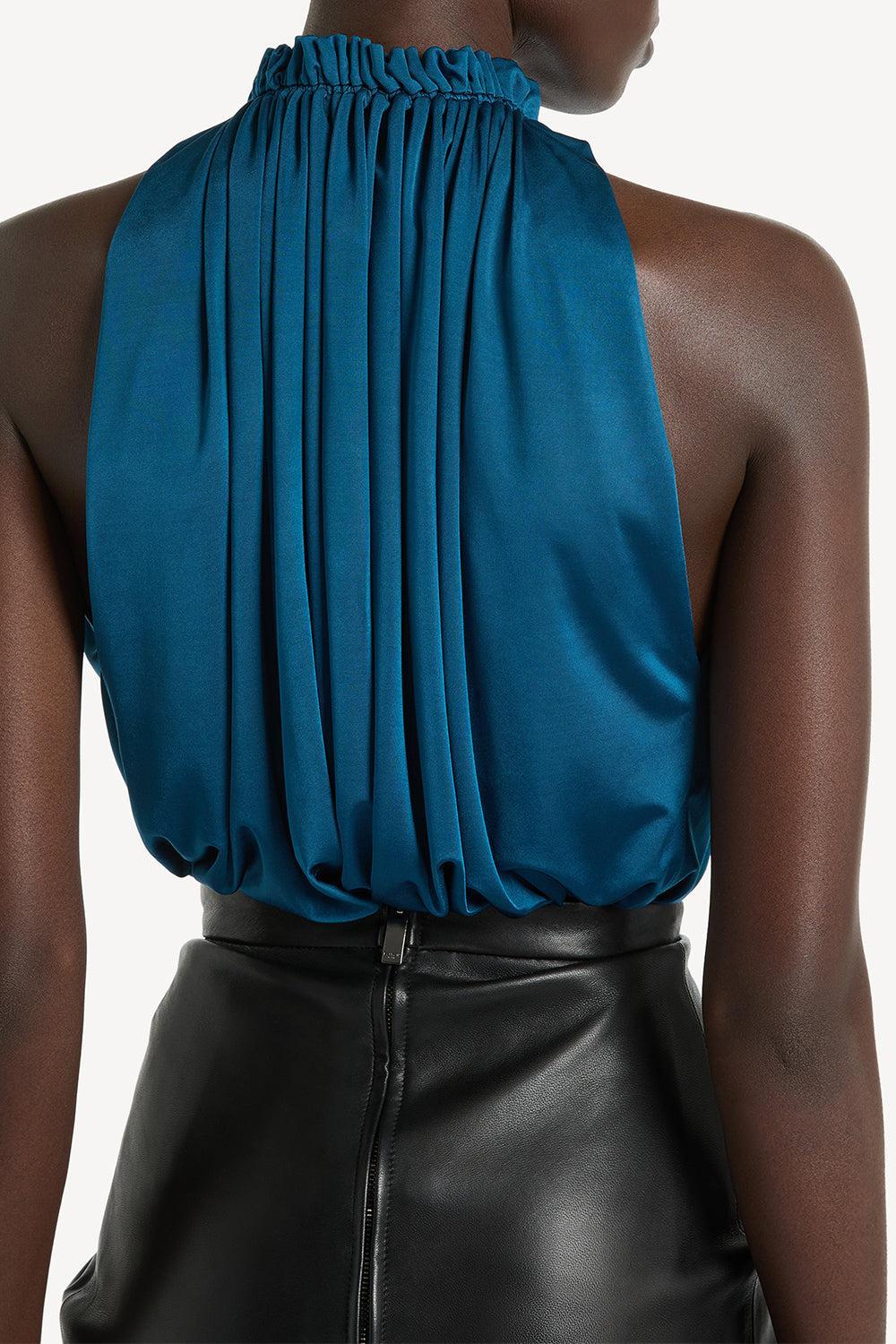 Halterneck Pleated Top-BLUE-36-CLOTHINGTOPBLOUSE-BALMAIN