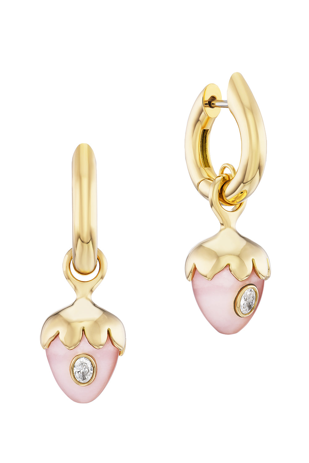 Pink Opal Diamond Strawberry Carriage Huggie Earrings