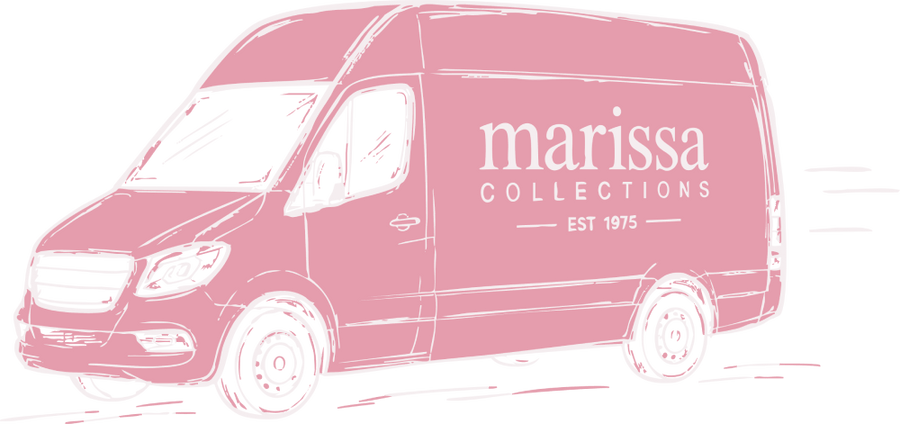 Pink and white illustration of a Marissa Collections delivery van