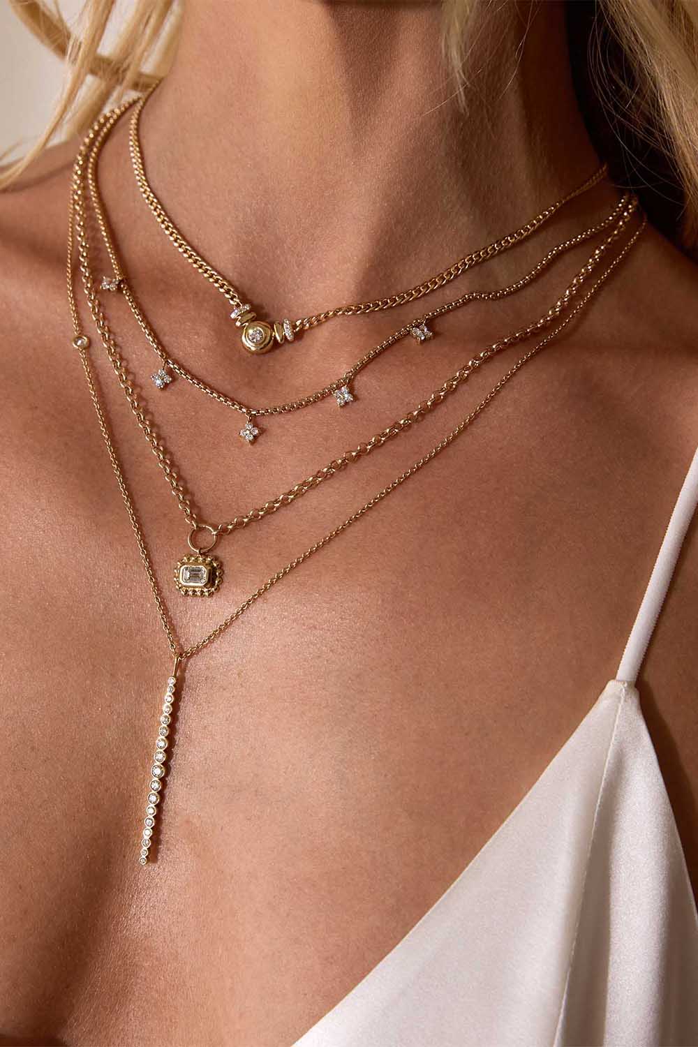 Diamond Dangling Station Box Chain Necklace