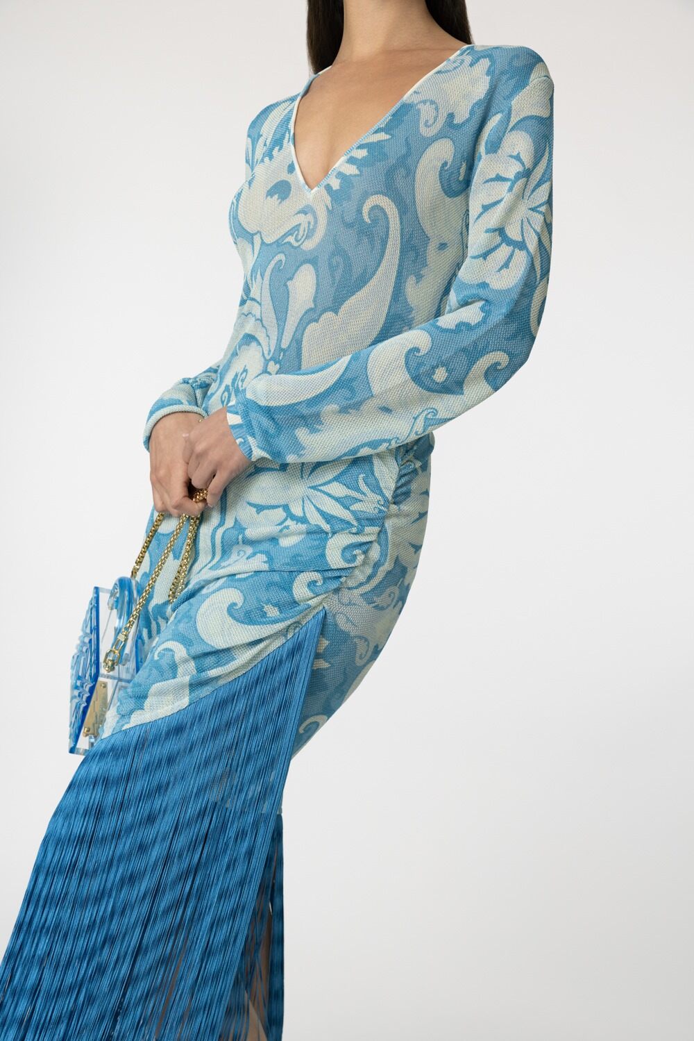 Long Sleeve Fringe Dress-BLU/WHT-42-CLOTHINGDRESSGOWN-ETRO