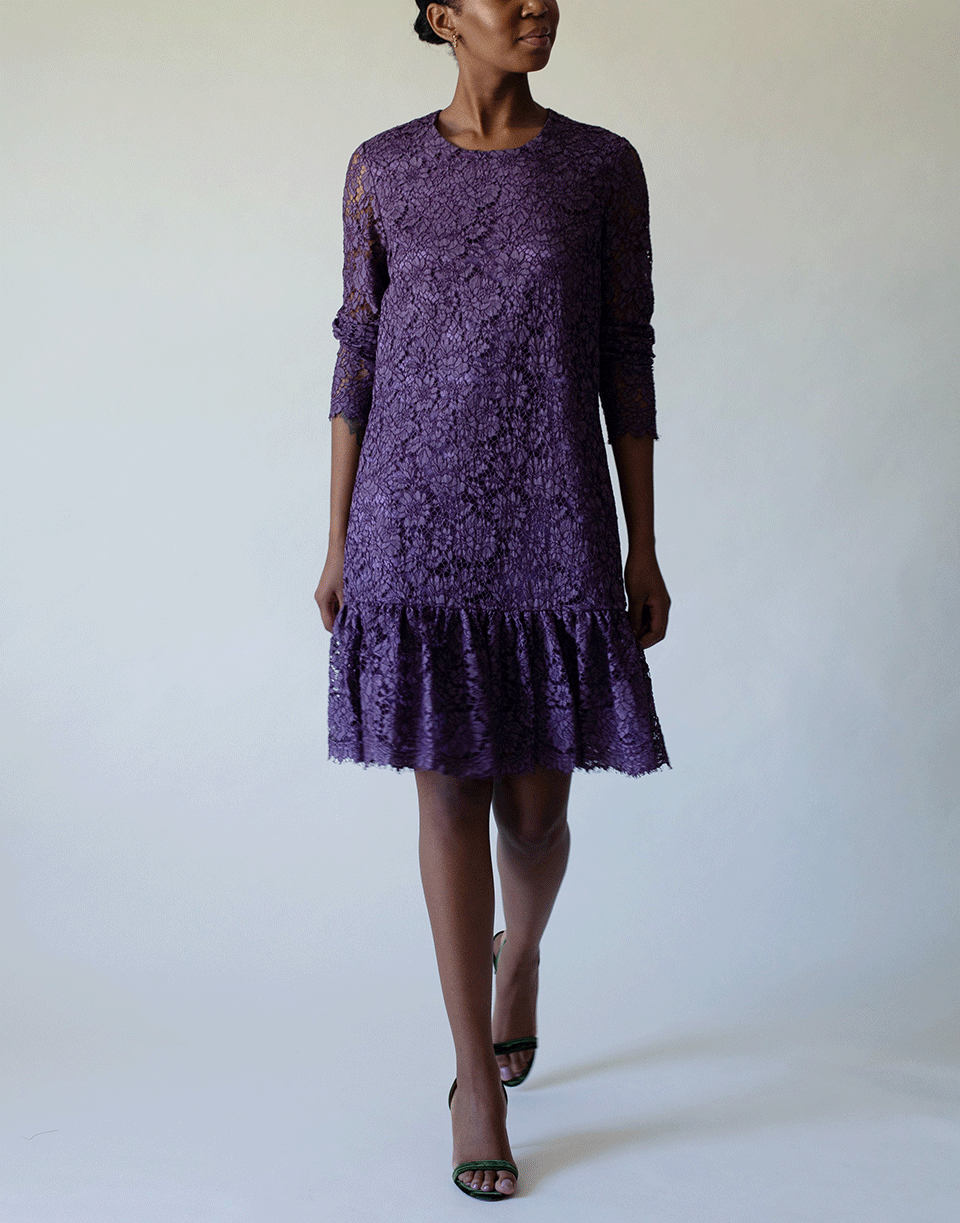 ADAM LIPPES-Corded Lace Amethyst Long Sleeve Ruffle Hem Dress-