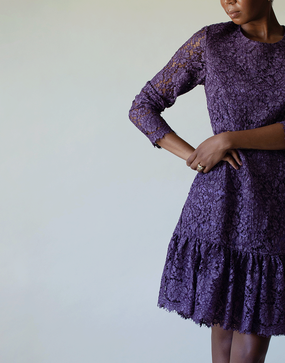 ADAM LIPPES-Corded Lace Amethyst Long Sleeve Ruffle Hem Dress-