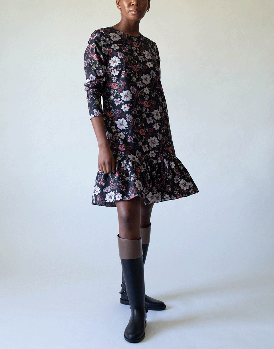 ADAM LIPPES-Black Long Sleeve Floral Print Ruffle Hem Dress-