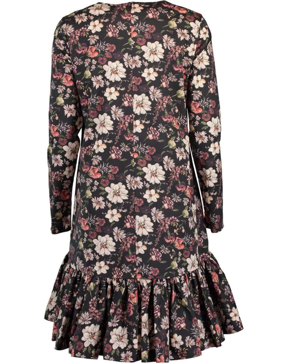 ADAM LIPPES-Black Long Sleeve Floral Print Ruffle Hem Dress-