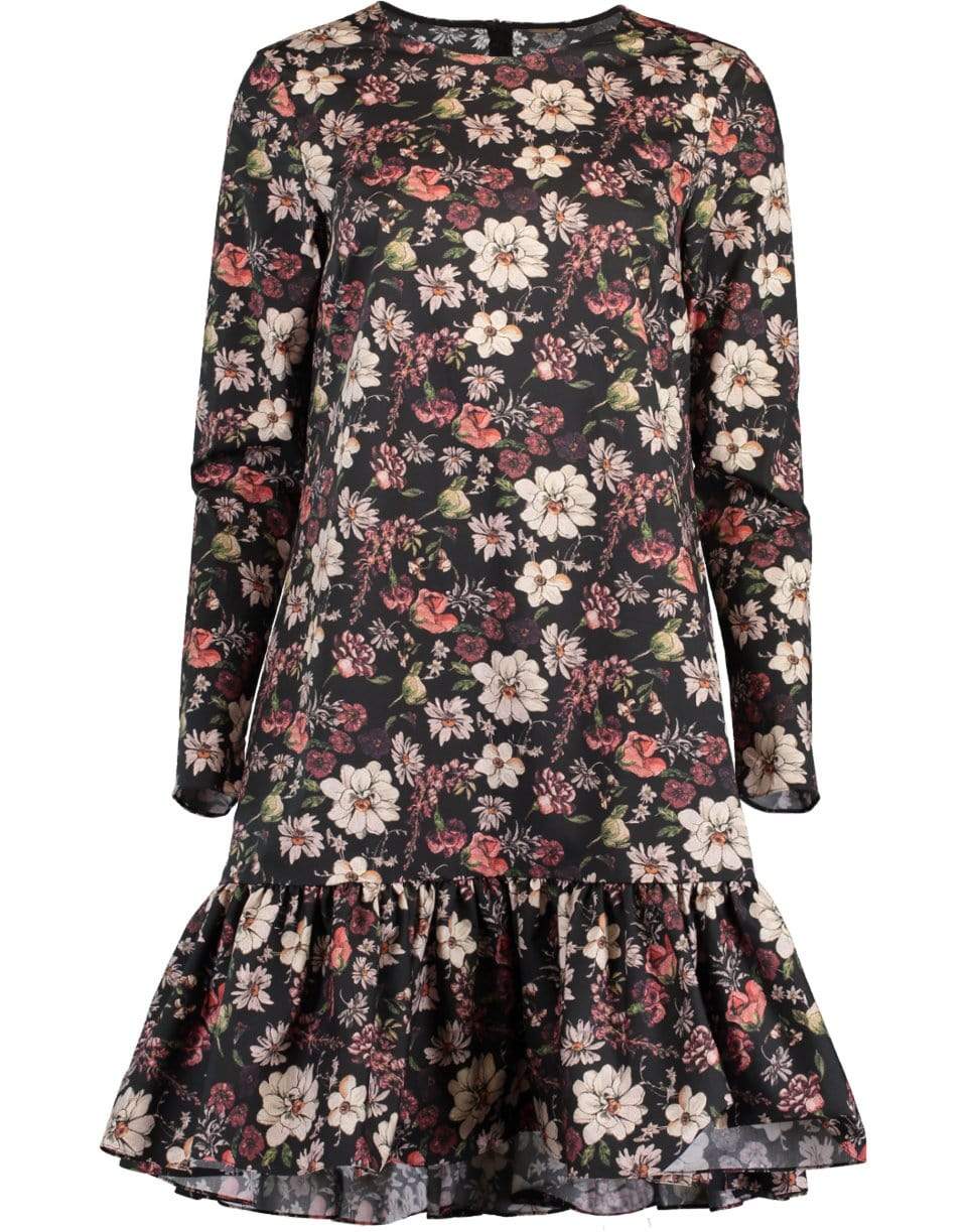 ADAM LIPPES-Black Long Sleeve Floral Print Ruffle Hem Dress-