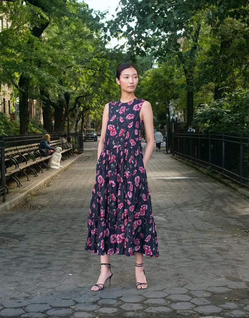ADAM LIPPES-Black Daisy Sleeveless Tiered Maxi Dress-