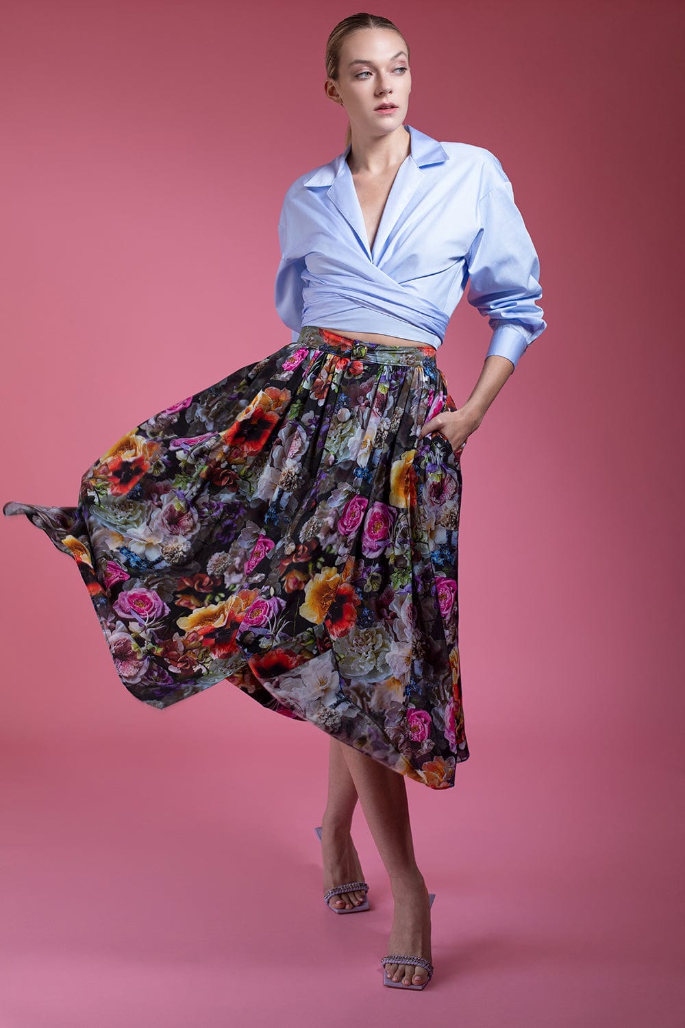 ADAM LIPPES-Button Down A Line Skirt - Black Floral-