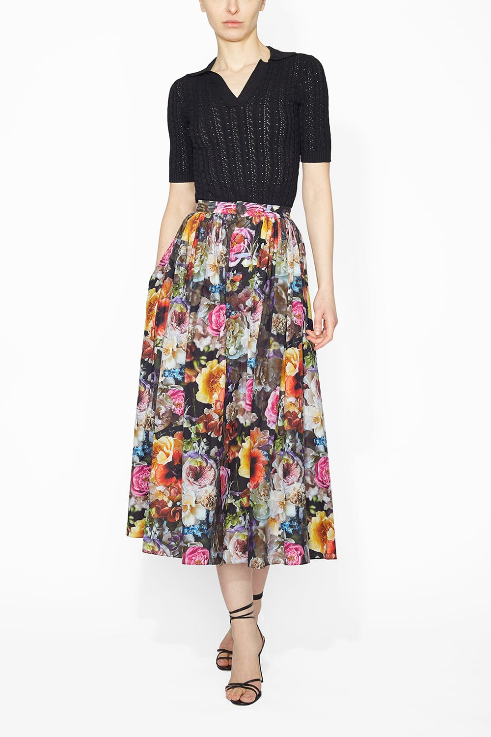 ADAM LIPPES-Button Down A Line Skirt - Black Floral-