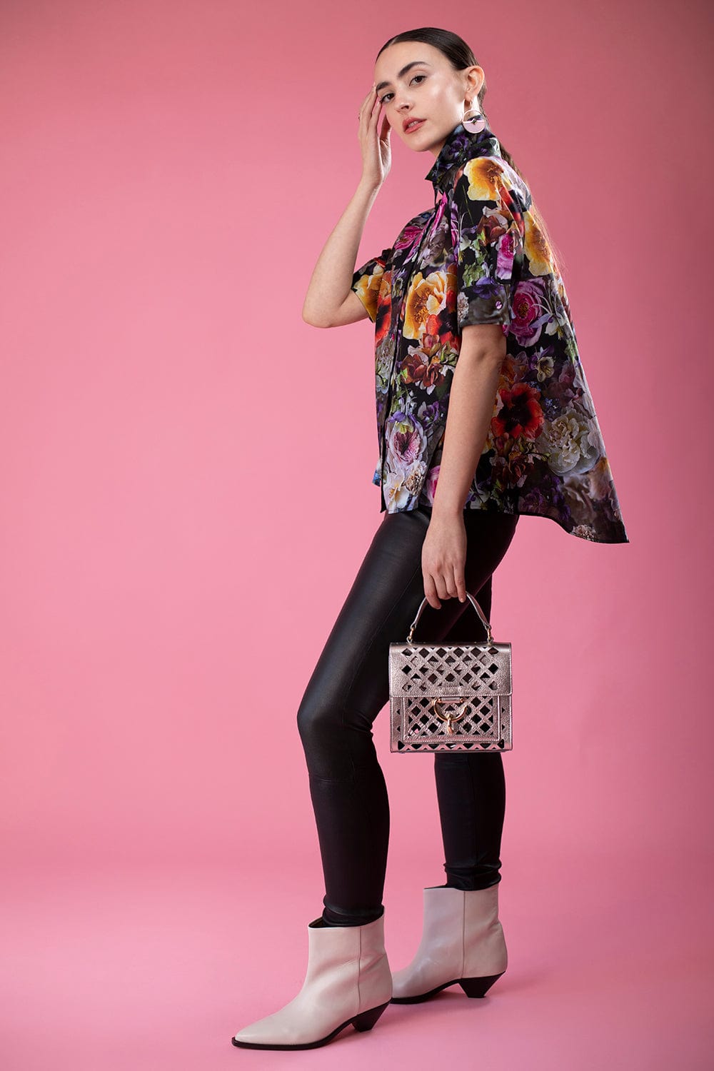 ADAM LIPPES-Short Sleeve Trapeze Top - Black Floral-