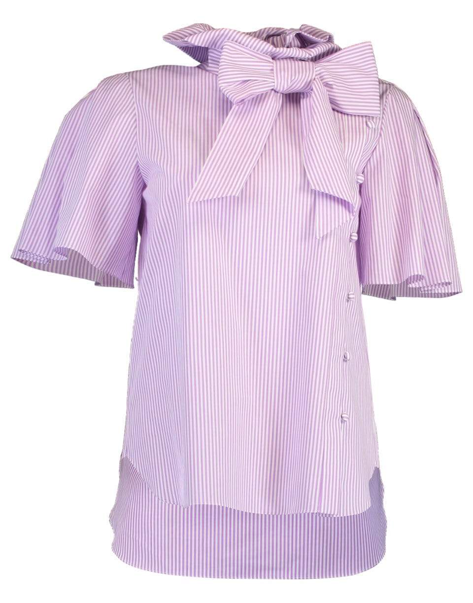 ADAM LIPPES-Short Sleeve Bow Neck Stripe Blouse-
