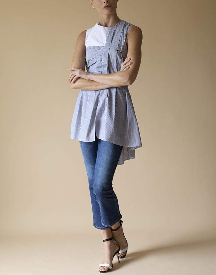 ADAM LIPPES-Sleeveless Crewneck Pleat Top-WHITE