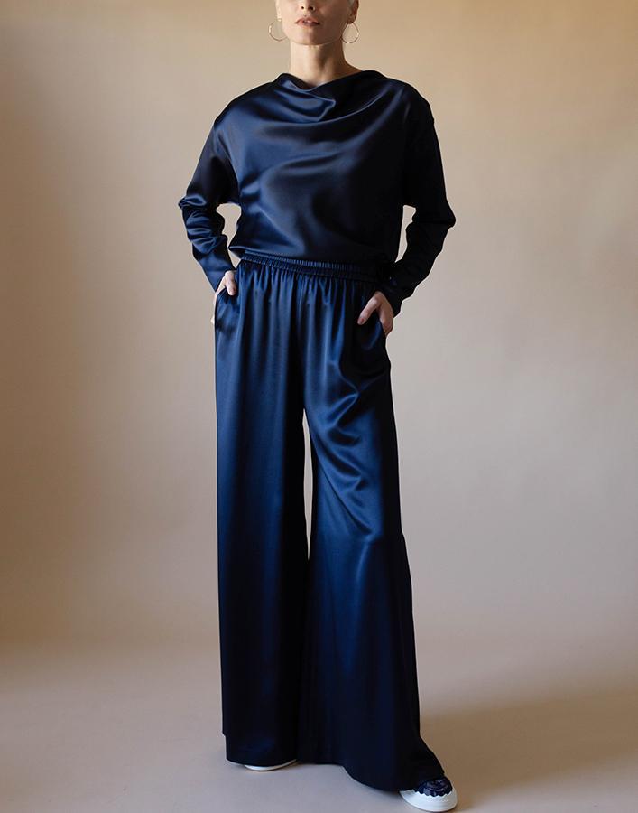 ADAM LIPPES-Navy Silk Cowl Neck Top-