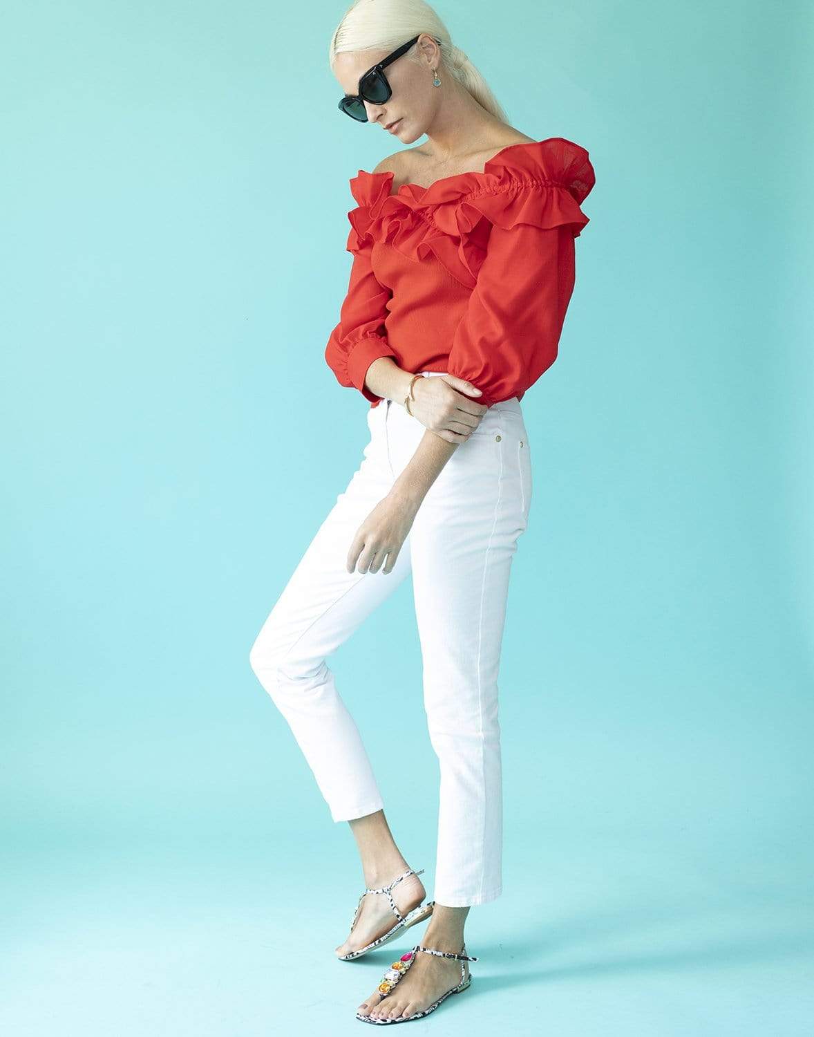 ADEAM-Fiery Red Daisy Knit Top-