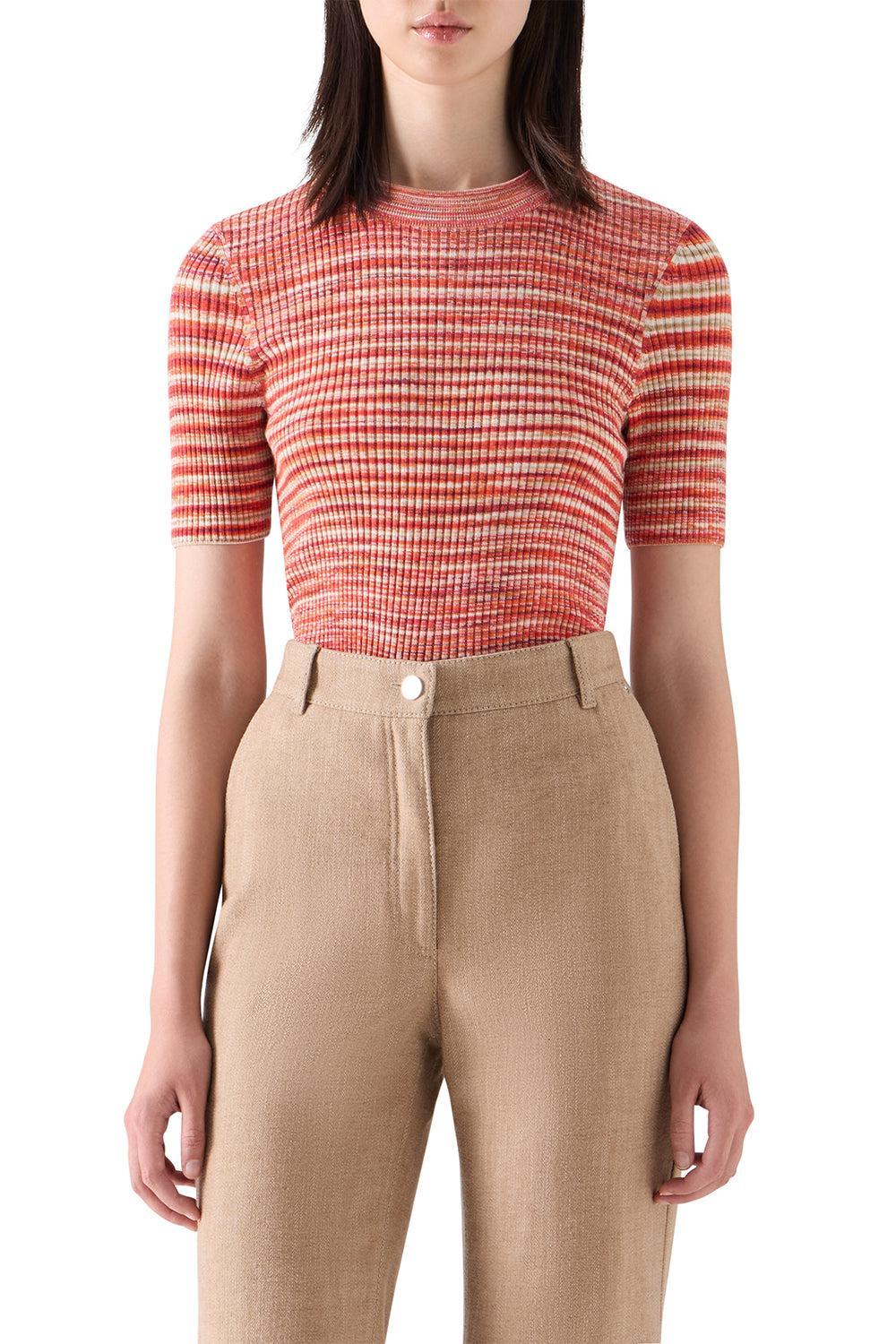 Striped Short Sleeve Sweater-ORANGE-2-CLOTHINGTOPKNITS-AKRIS PUNTO