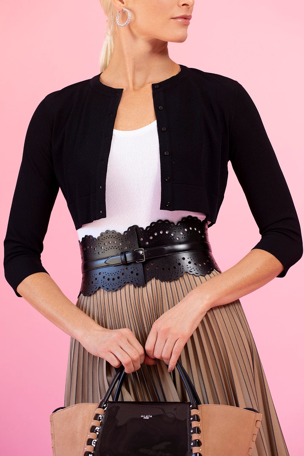 ALAÏA-Black Openwork Leather Corset Belt-
