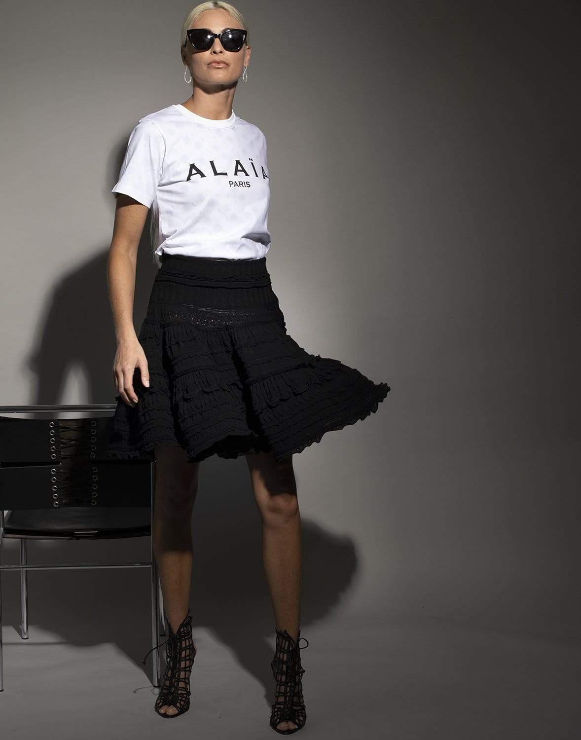 ALAÏA-Mesh Laine Knit Skirt-NOIR