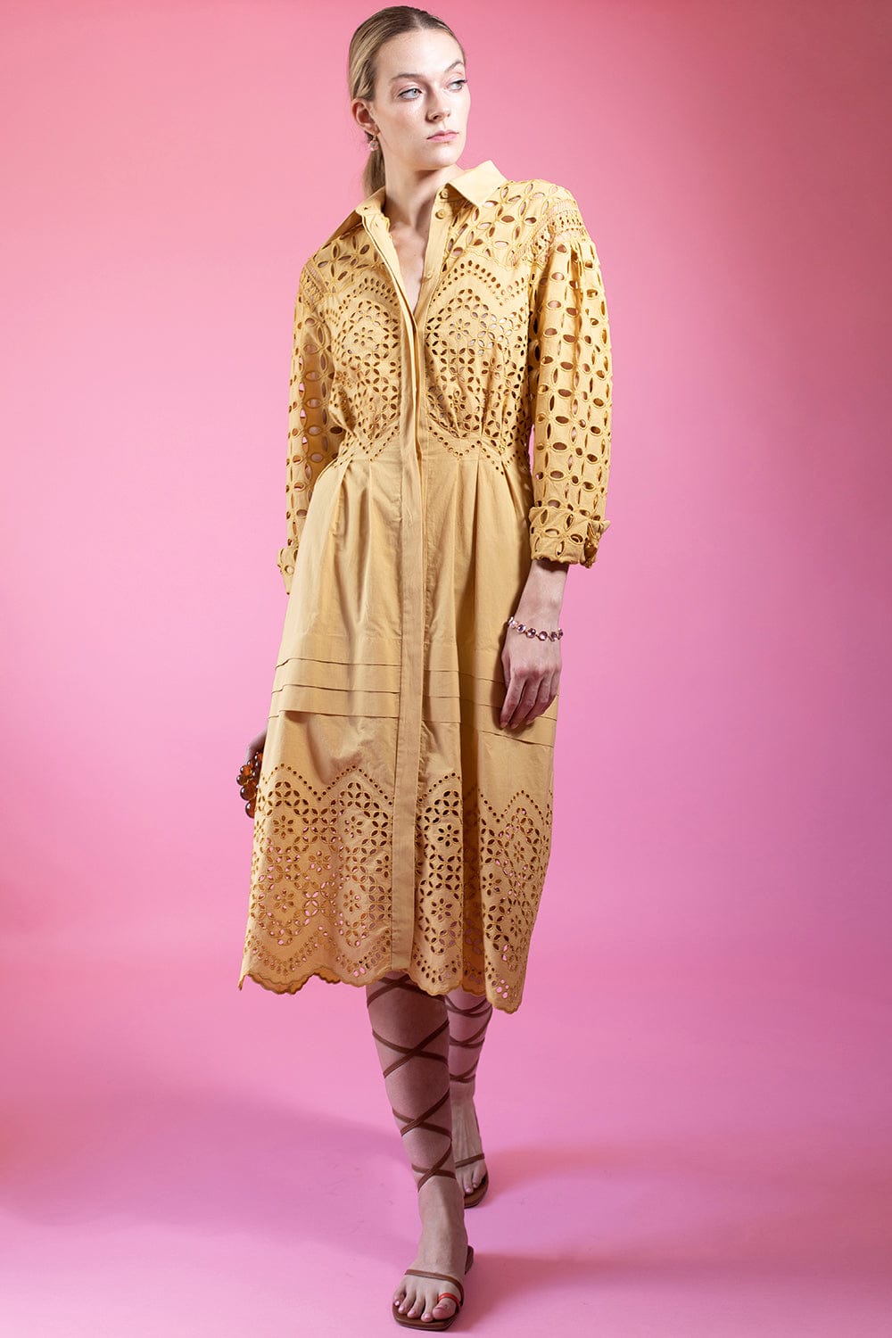 ALBERTA FERRETTI-Long Sleeve Eyelet Midi Dress-