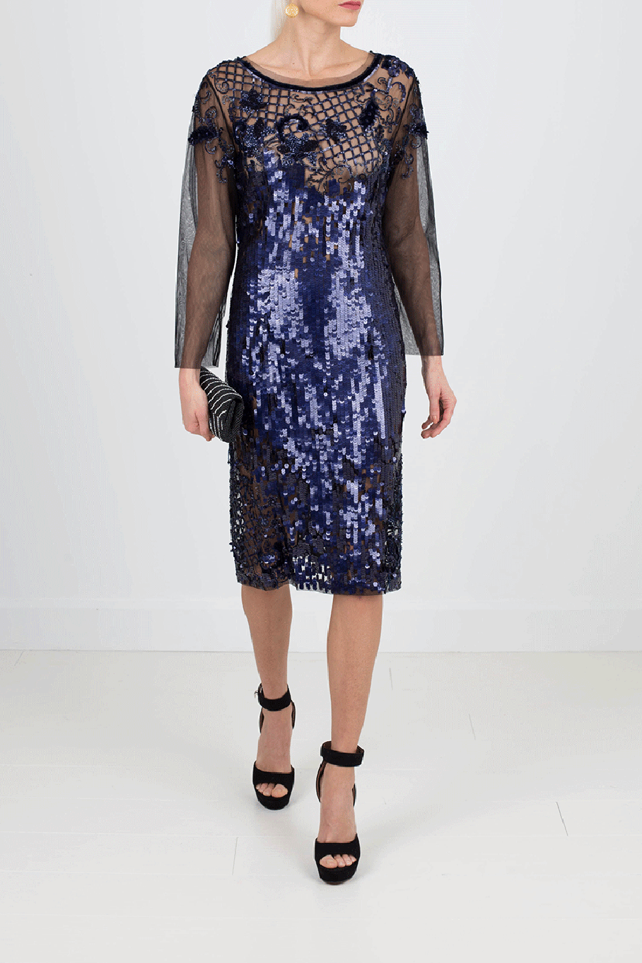 ALBERTA FERRETTI-Embroidered Cocktail Dress-BLK/NVY