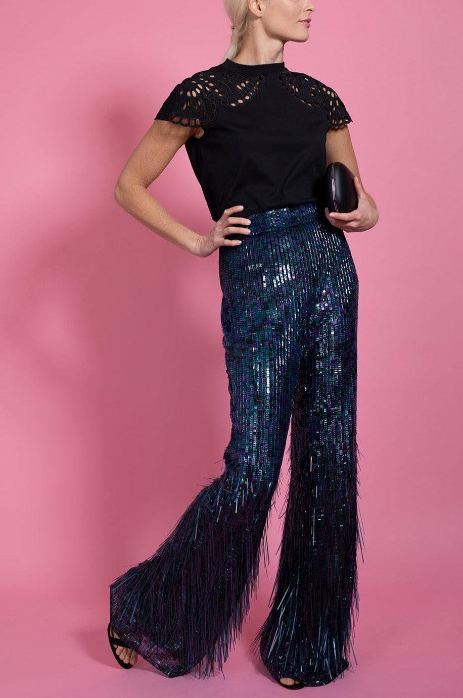 ALBERTA FERRETTI-Sequin Fringe Side Zip Pants-FANTYBLK
