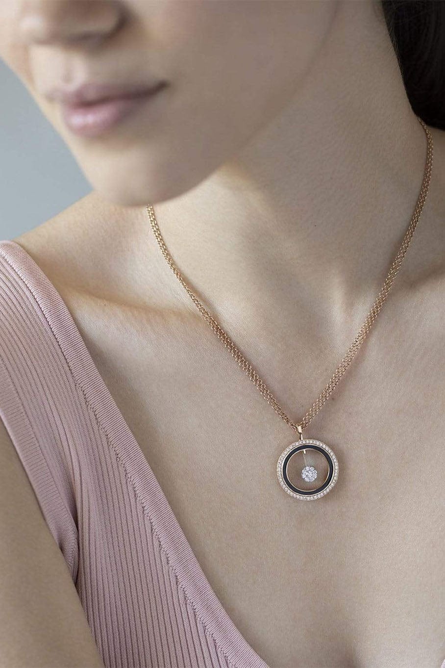 ALESSA JEWELRY-Circa Black Enamel & Diamond Pendant Necklace-ROSE GOLD