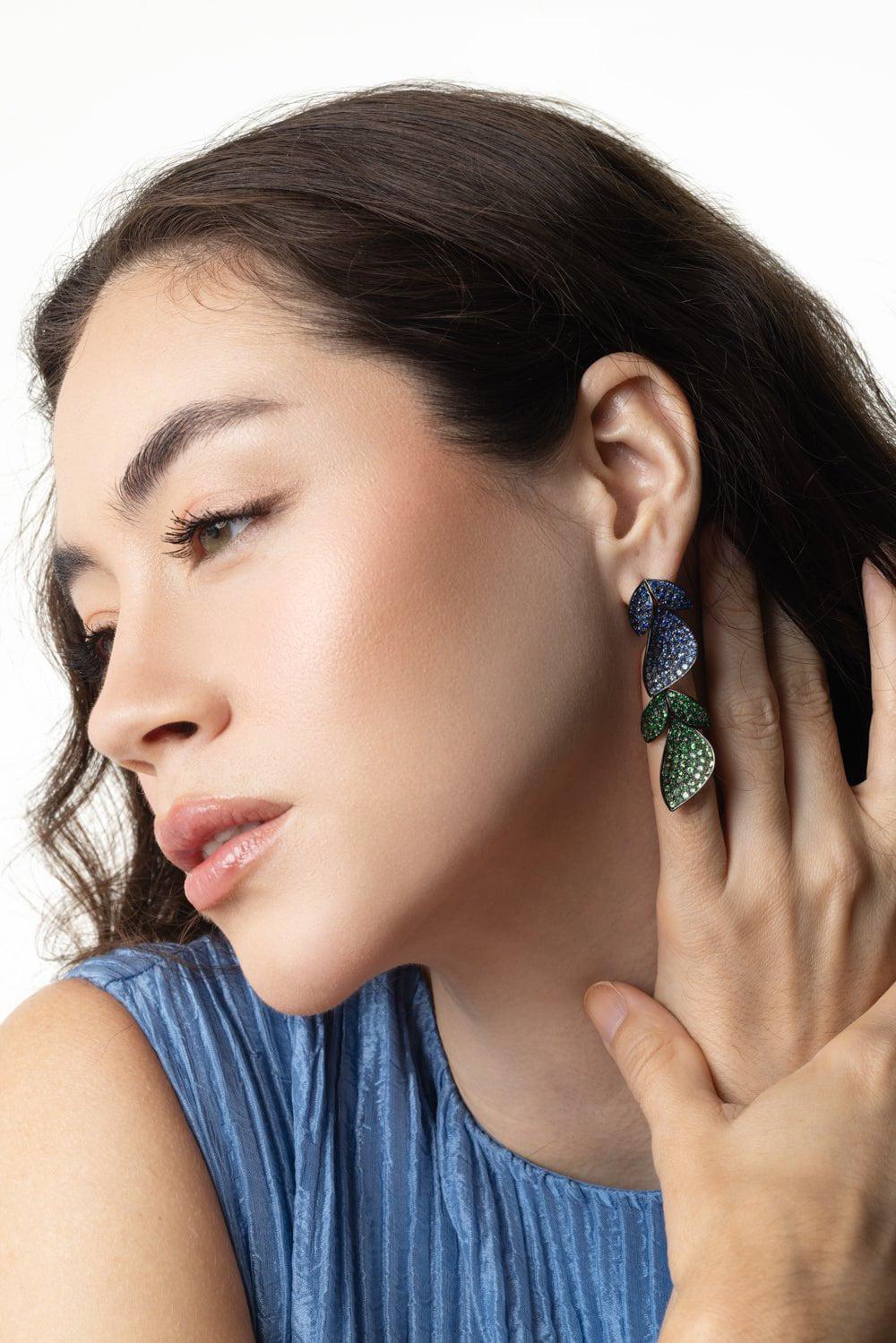 ALEXANDER LAUT-Tsavorite Sapphire Leaf Drop Earrings-BLACK GOLD