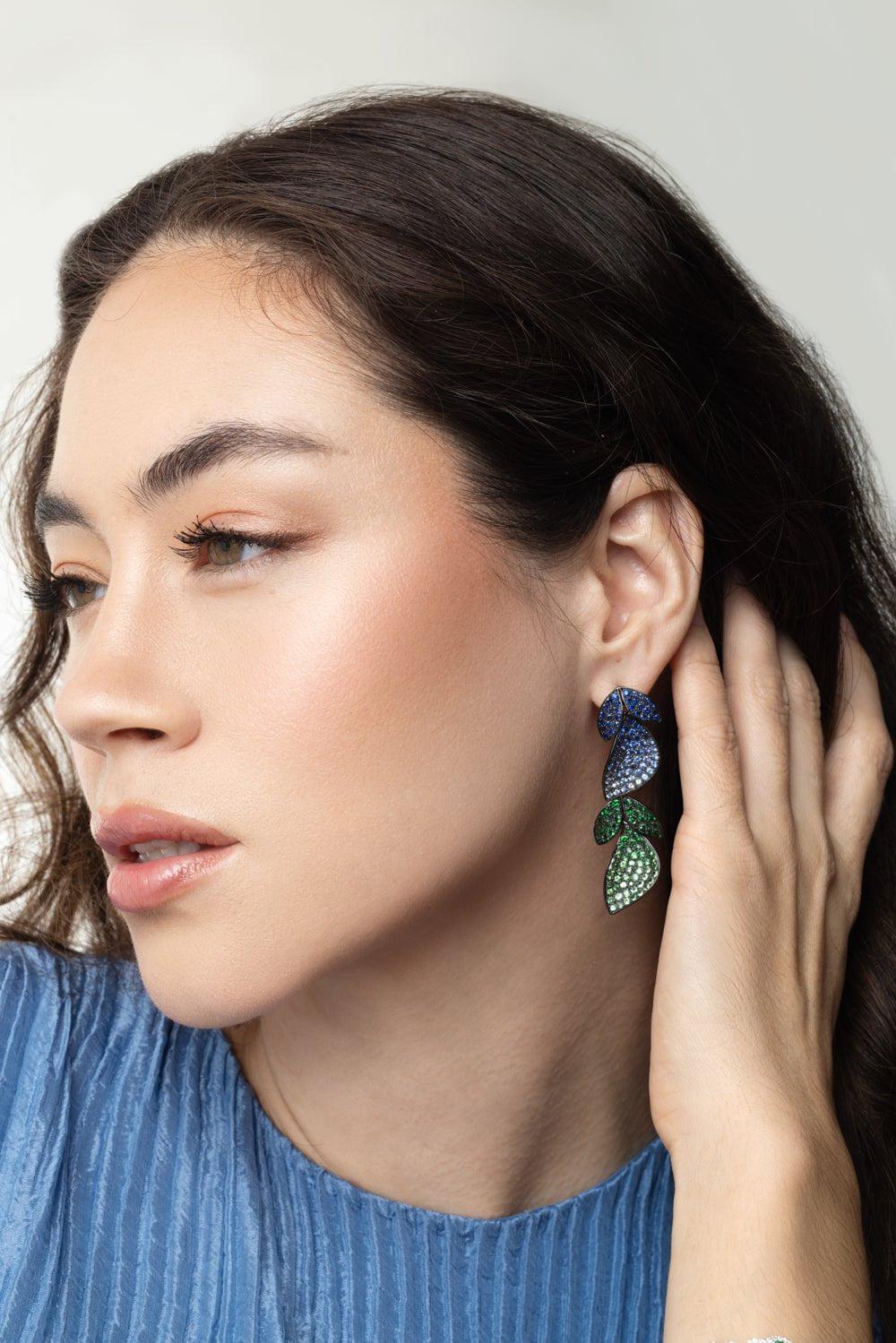 ALEXANDER LAUT-Tsavorite Sapphire Leaf Drop Earrings-BLACK GOLD
