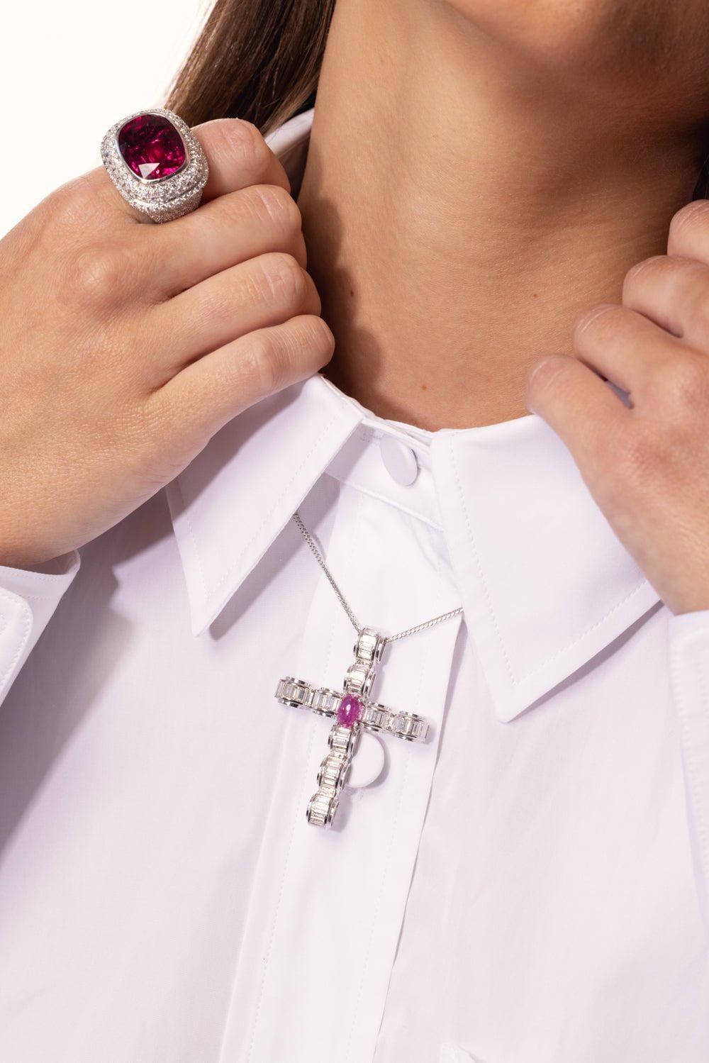 ALEXANDER LAUT-Ruby Diamond Cross Necklace-WHITE GOLD
