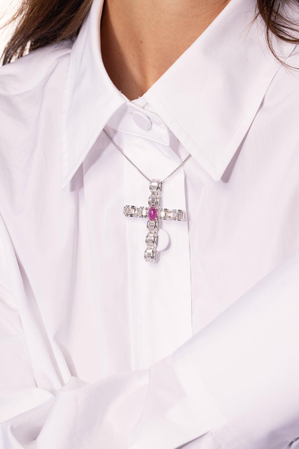 ALEXANDER LAUT-Ruby Diamond Cross Necklace-WHITE GOLD
