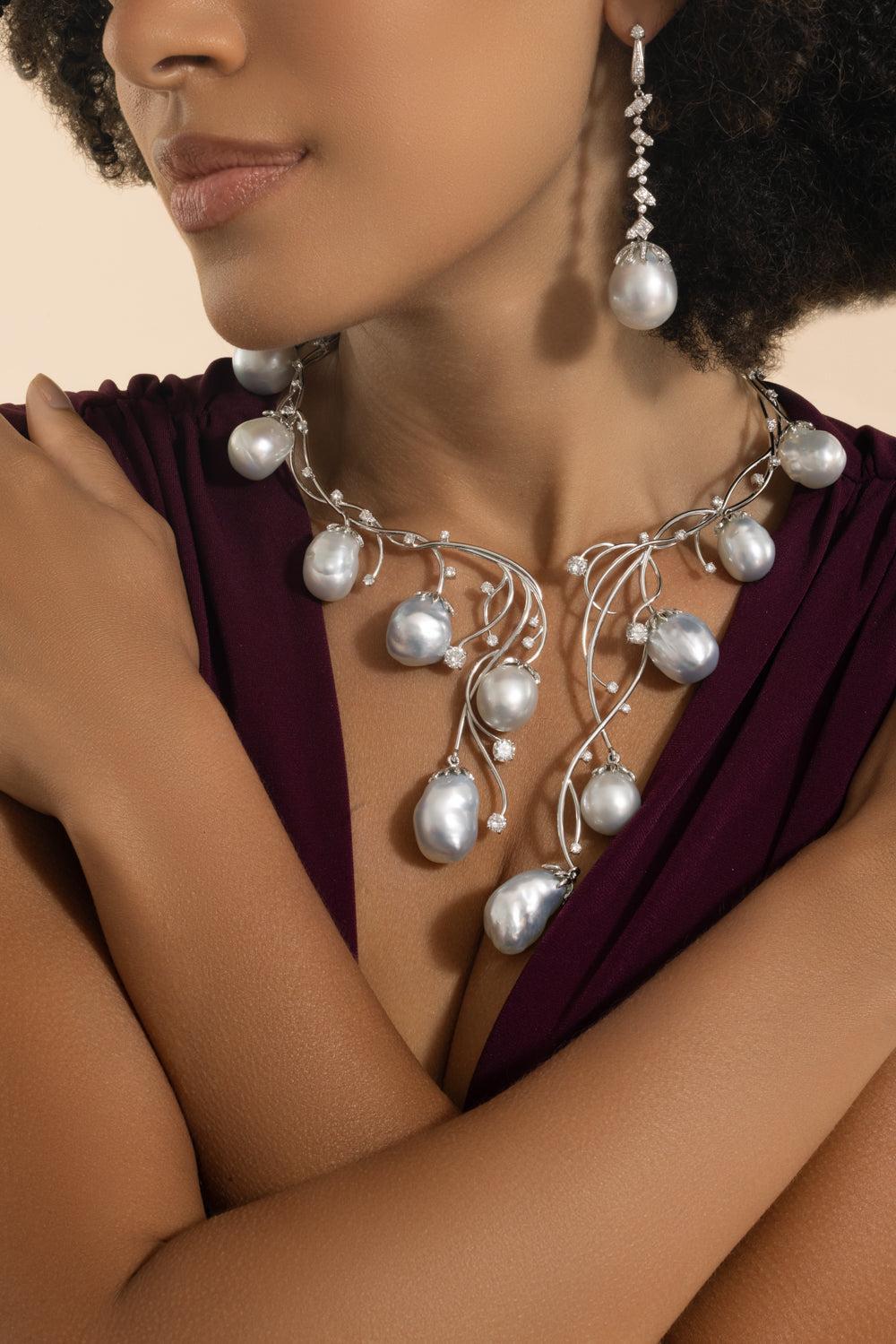 Pearl Diamond Collar Necklace-WHITE GOLD-JEWELRYFINE JEWELNECKLACE O-ALEXANDER LAUT