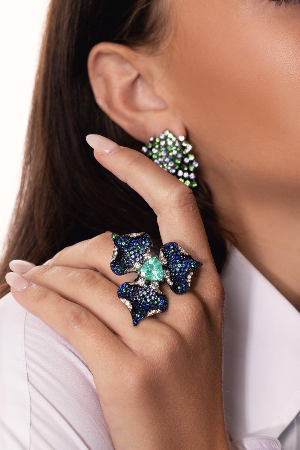 ALEXANDER LAUT-Diamond Paraiba Flower Ring-WHITE GOLD