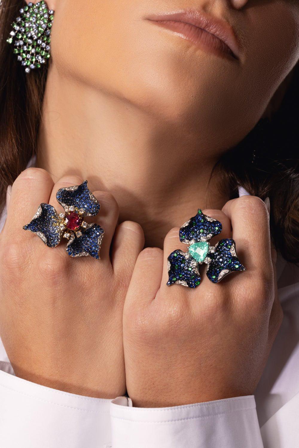 ALEXANDER LAUT-Diamond Paraiba Flower Ring-WHITE GOLD