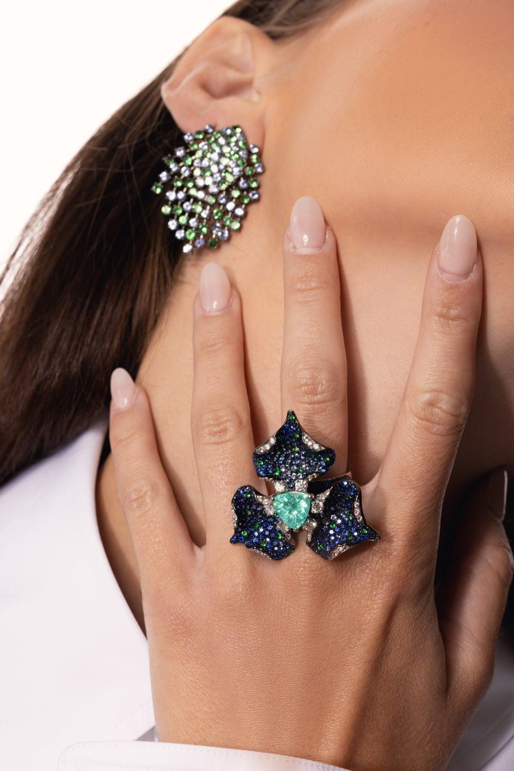 ALEXANDER LAUT-Diamond Paraiba Flower Ring-WHITE GOLD