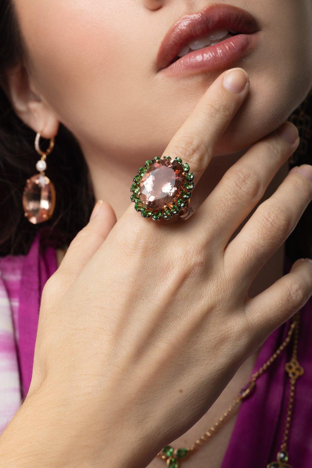 ALEXANDER LAUT-Diamond Tsavorite Morganite Ring-YELLOW GOLD