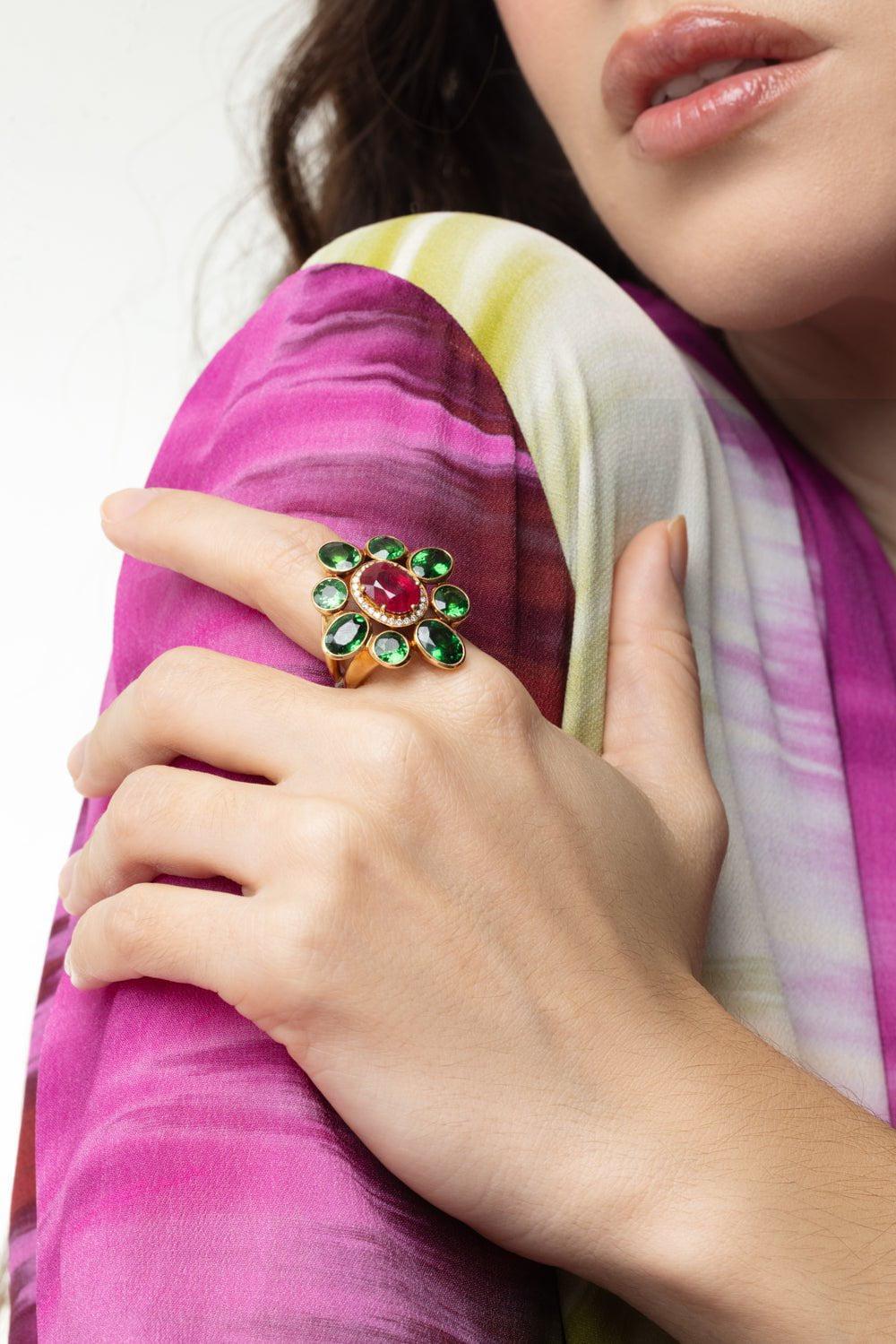 ALEXANDER LAUT-Ruby Diamond Tsavorite Ring-YELLOW GOLD