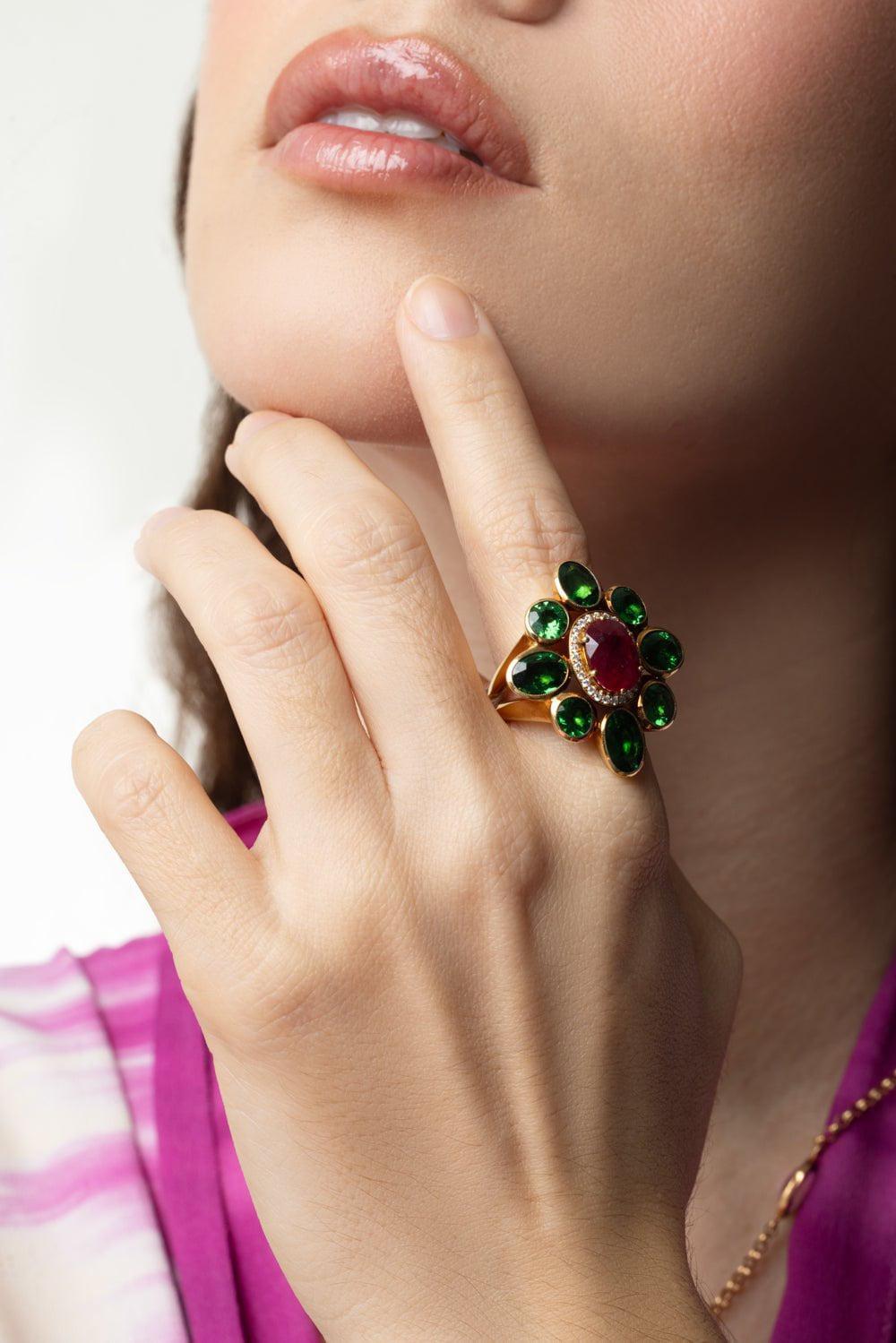 ALEXANDER LAUT-Ruby Diamond Tsavorite Ring-YELLOW GOLD